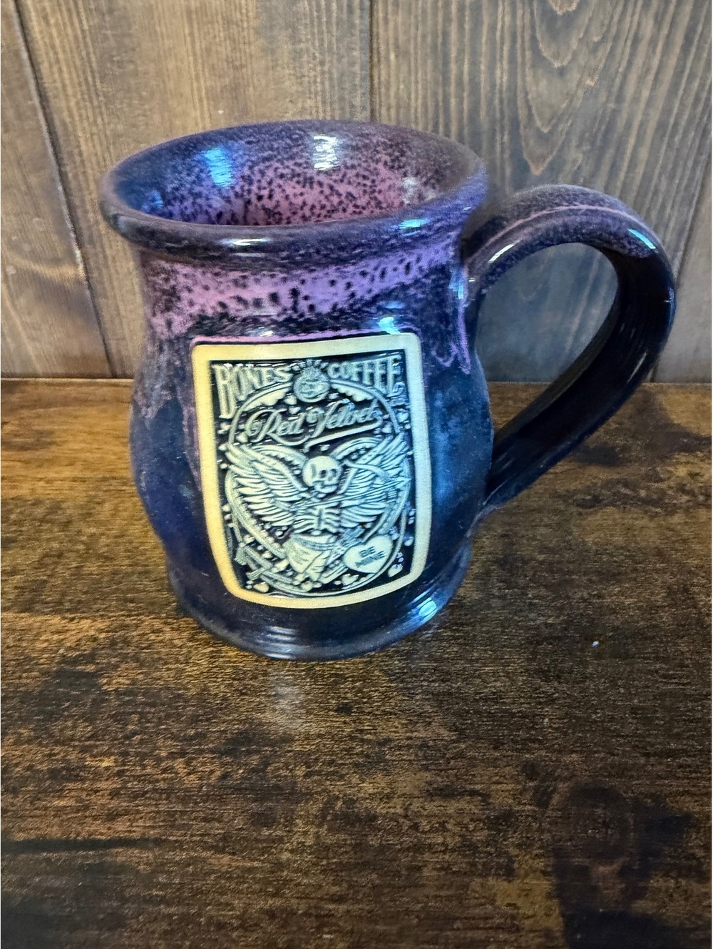 Dennen Pottery Stoneware Mug Purple Black Fish Graphic